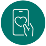 An icon of a hand holding a phone, there is a heart on the screen.