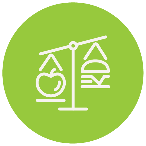 An icon of a balancing scale. One side has an apple, the other has a hamburger.
